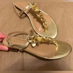 Anne Klein Gold Floral T-Strap Sandals